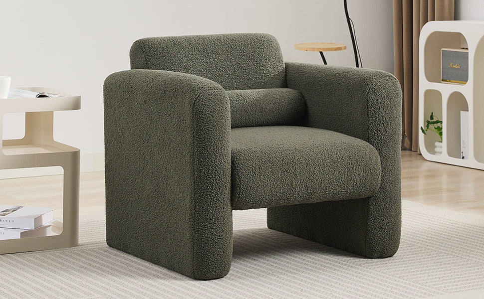 Modern style chair with sheepskin Sherpa fabric soft cushion, comfortable armchair, soft with backrest and pillow, seaweed green - V.I.P Digital Presence