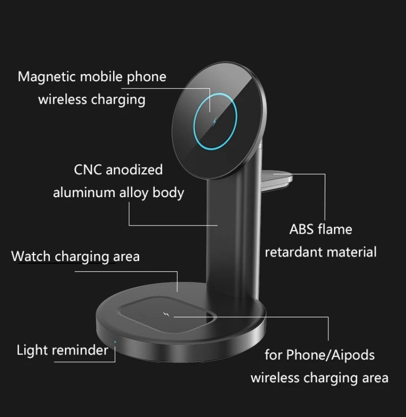 Magsafe Magnetic 3 in 1 Wireless Charger Stand 15W Fast Charge Mobile Phone Watch Headphones - V.I.P Digital Presence