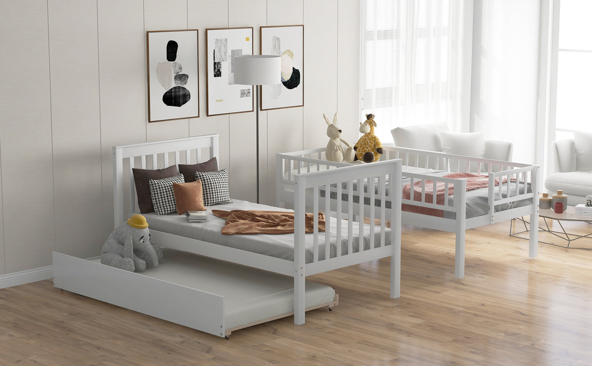 Twin over Twin Bunk Bed with Trundle and Storage White