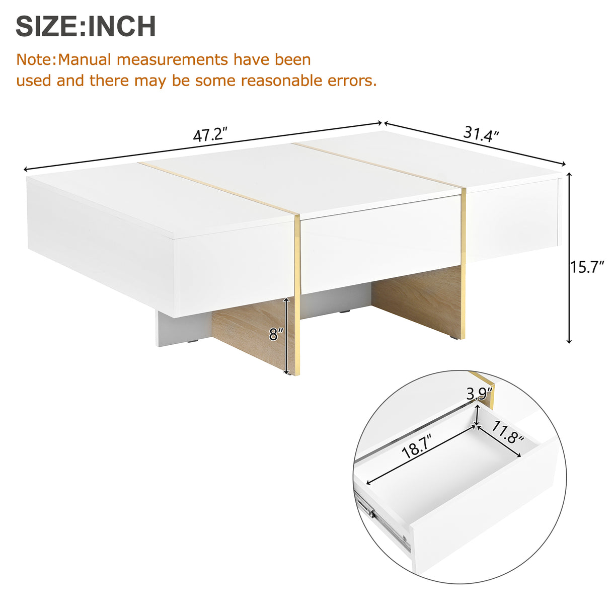 ON-TRANS 47.2 inch x 31.4 inch multifunctional rectangular sofa table with 2 drawers and gold wood grain leg center table, white - V.I.P Digital Presence