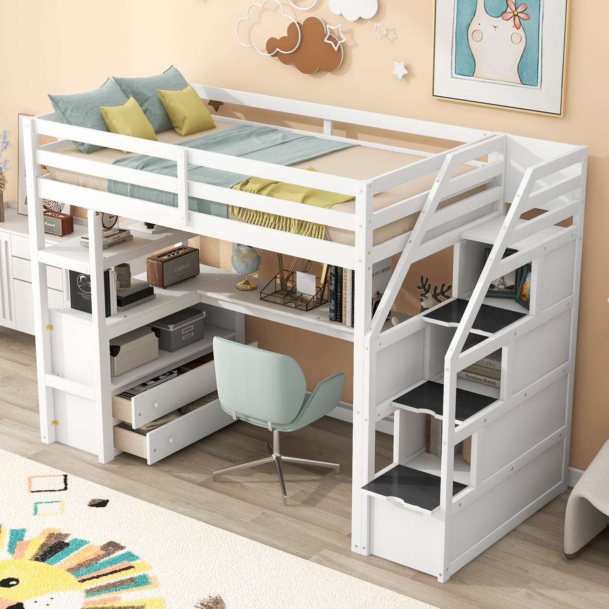 Twin Size Loft Bed with Desk and Shelves Two Built-in Drawers Storage Staircase White