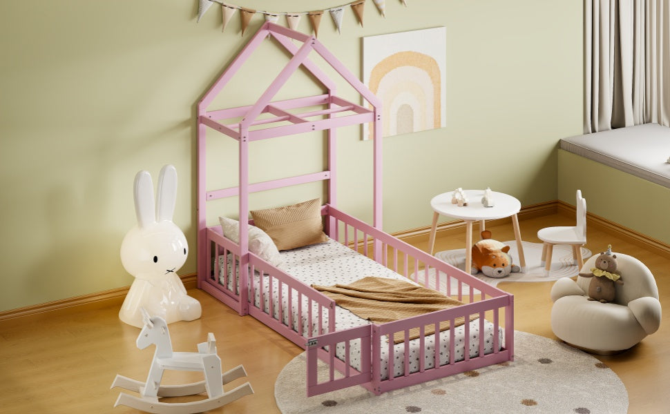 Wooden Twin Size Children's Bed with Detachable Headboard and Integrated Clothes Drying Rack, Pink - V.I.P Digital Presence