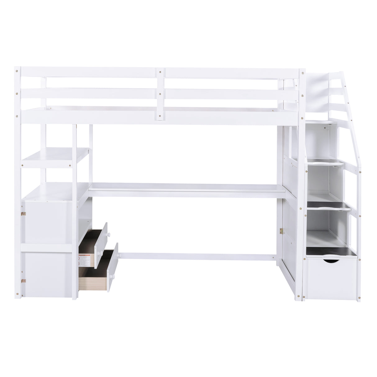 Twin Size Loft Bed with Desk and Shelves Two Built-in Drawers Storage Staircase White