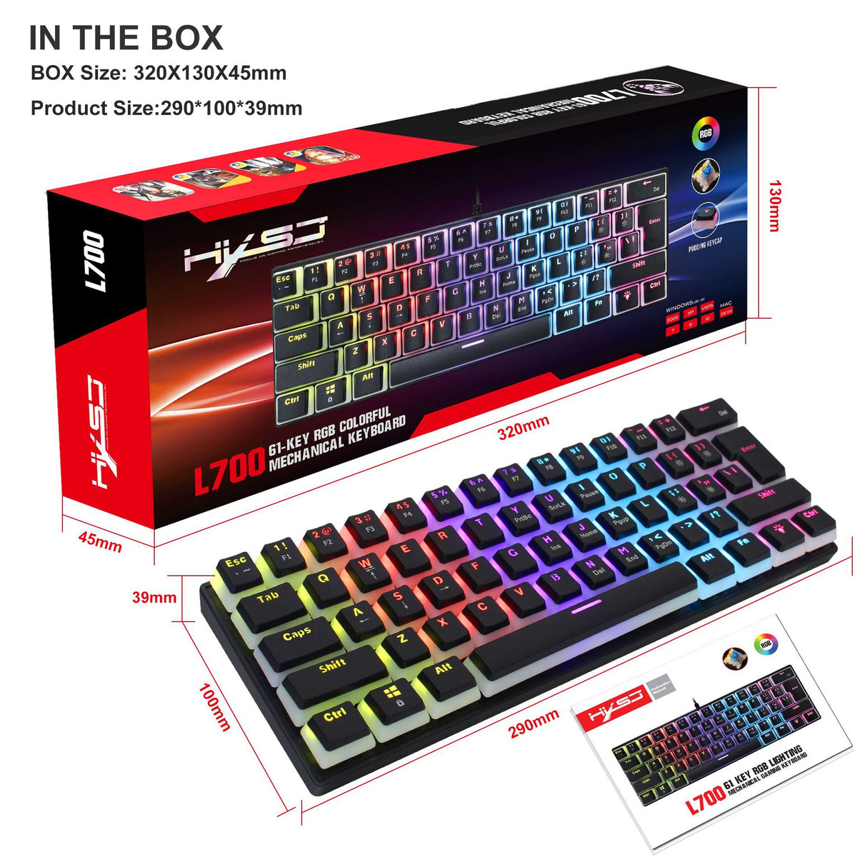 HXSJ new 61 key wired mechanical keyboard, blue axis pudding keycap, color backlit game, office and home use - V.I.P Digital Presence