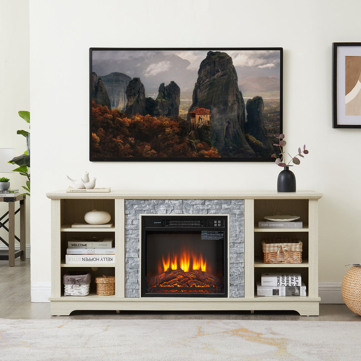 Mantel electric fireplace stone TV media stand, open storage console space, with 18 inch fireplace insert, white - V.I.P Digital Presence