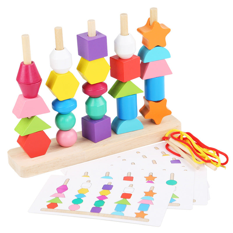 Wooden children's puzzle bead toys with five sets of column colors, sensory enlightenment, shape perception, and building block toys - V.I.P Digital Presence