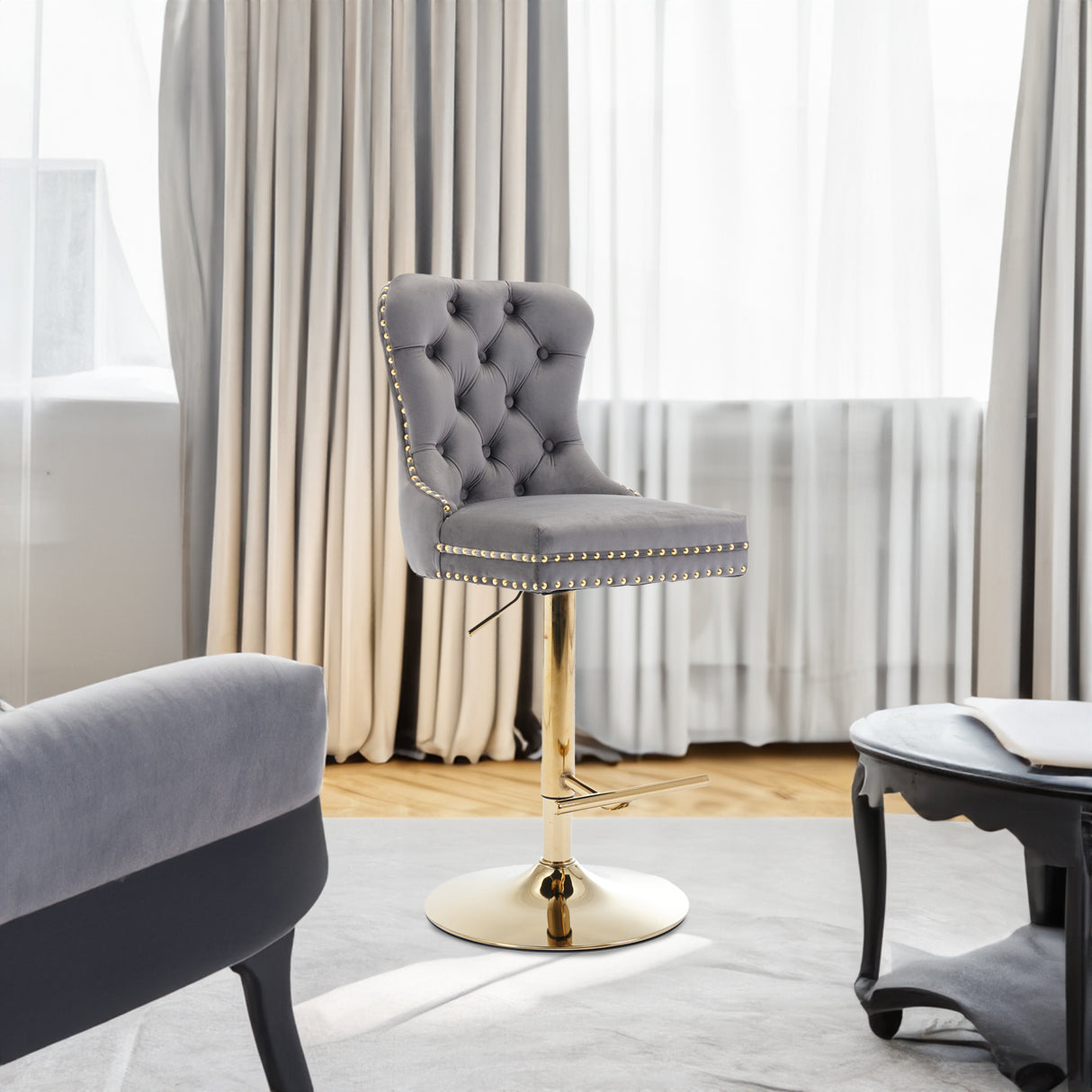 Thick gold rotating velvet bar stool with adjustable seat height of 25-33 inches and backrest (gray, set of 2 pieces)