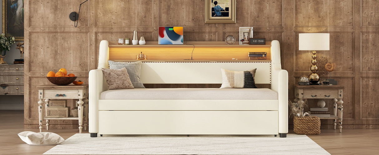 Twin Size Daybed with Trundle, Upholstered Daybed with Charging Station and LED Lights, White
