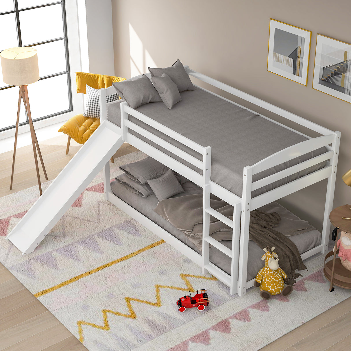 Twin over Twin Bunk Bed with Convertible Slide and Ladder White