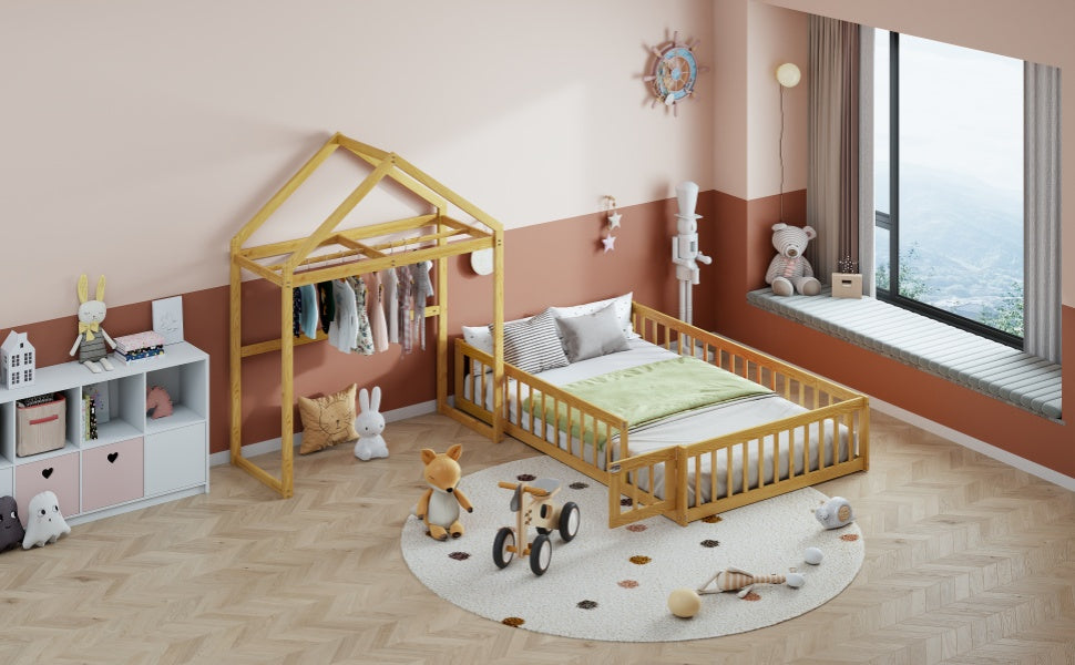 Wooden Full Size Children's Bed with Detachable Headboard and Integrated Clothes Drying Rack, Natural - V.I.P Digital Presence