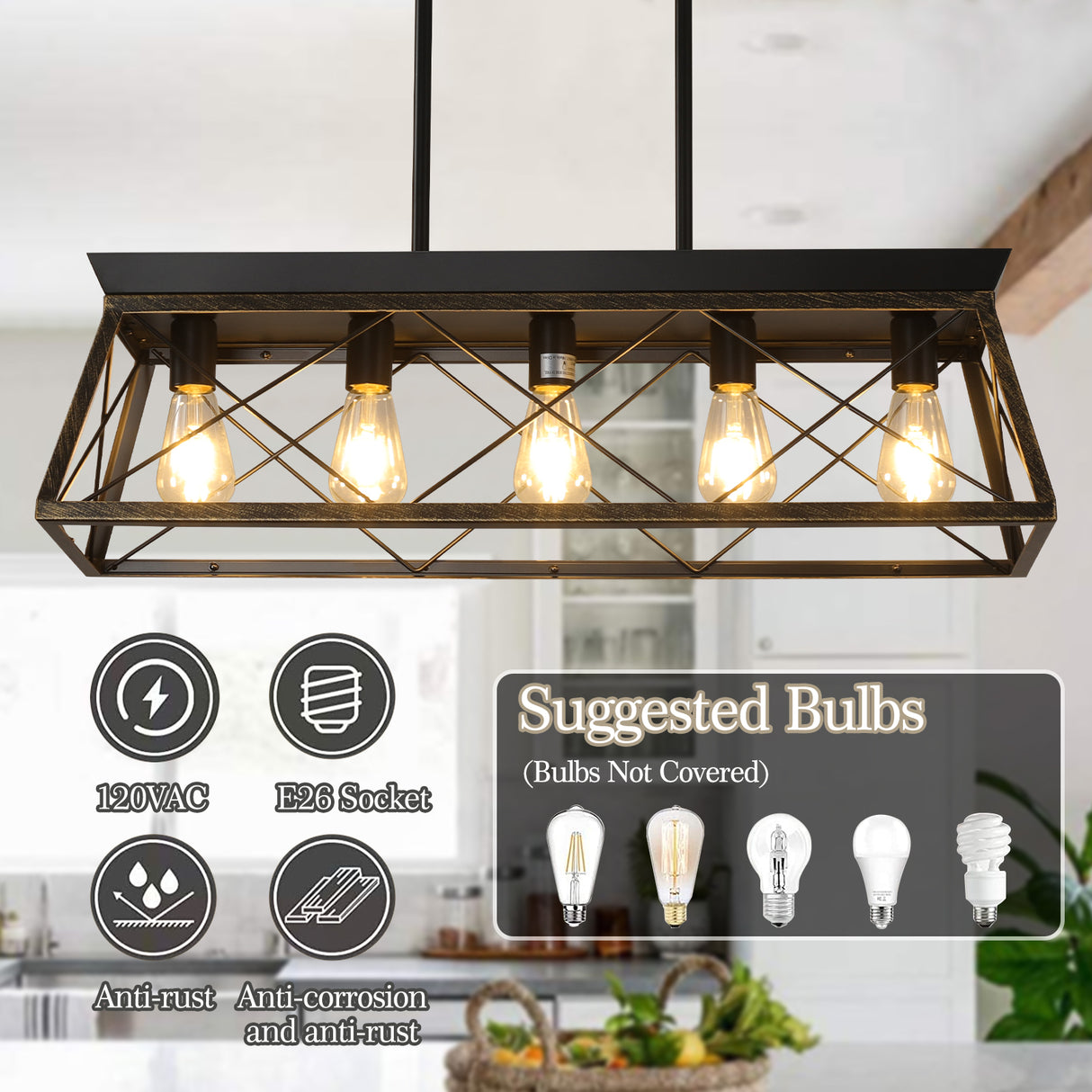 5-Light Farmhouse Chandeliers for Dining Room Metal Rustic Pendant Island Light Modern Rectangular Island Lights (No Bulbs)