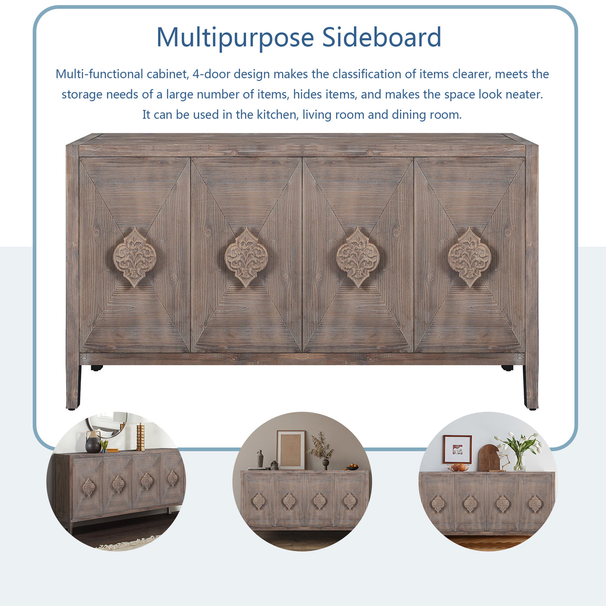 Carved Flower Door Handle, Antique Four Door Cabinet for Living Room Kitchen Hallway (Brown) - V.I.P Digital Presence