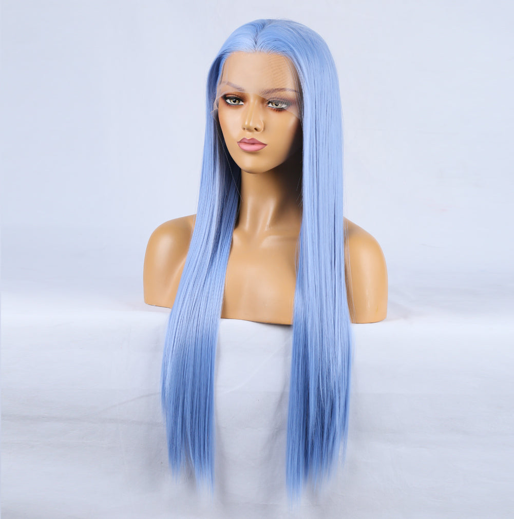 Fashion Hand Ditch 13 * 2.5 Chemical Fiber Front Lace Blue False Long Hair Head Cover Natural Hairline Wig - V.I.P Digital Presence