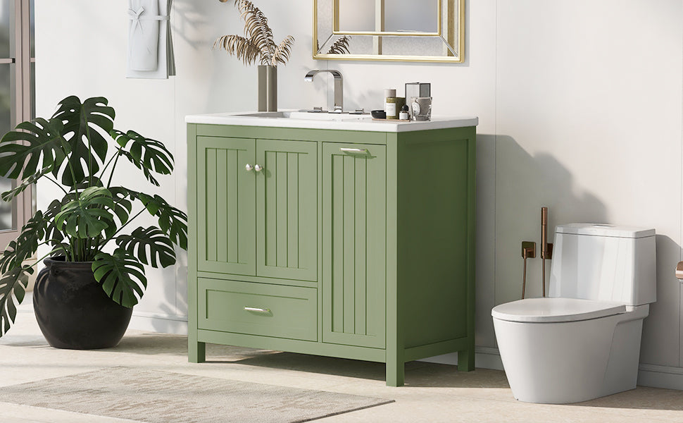 36 inch bathroom vanity with sink, one double door cabinet one large drawer and one flip drawer solid wood and MDF board, green - V.I.P Digital Presence