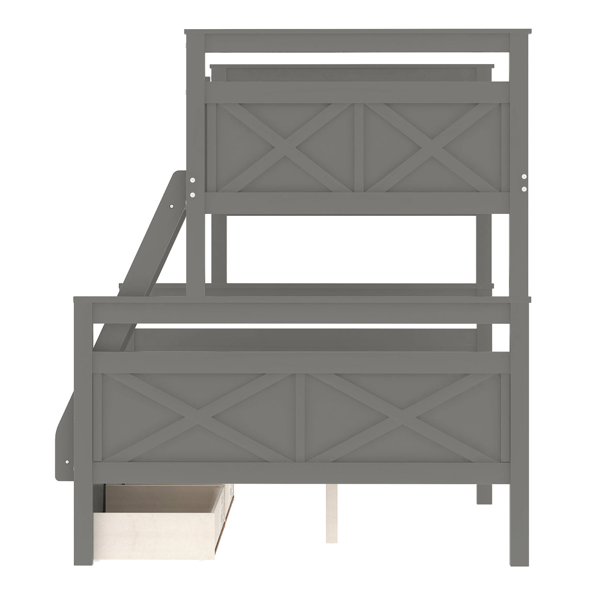 Twin over Full Bunk Bed with Ladder Two Storage Drawers Safety Guardrail Gray