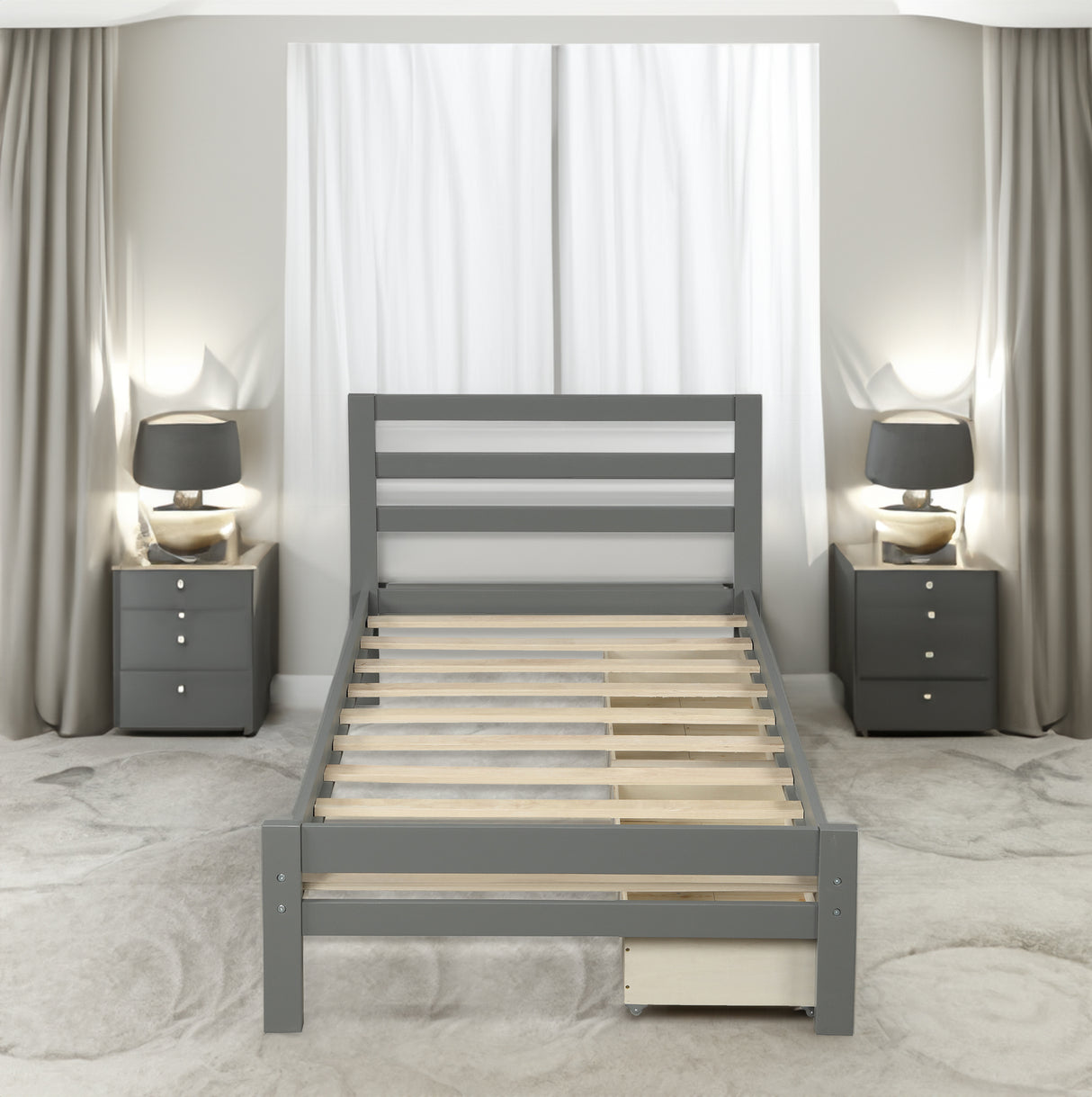 Wood platform bed with two drawers twin (gray)