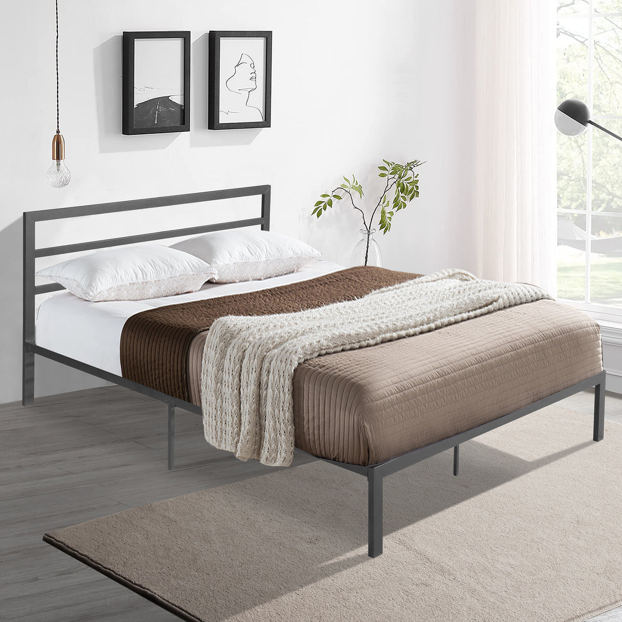 Queen Size Metal Bed Frame with Headboard Charcoal Grey - V.I.P Digital Presence