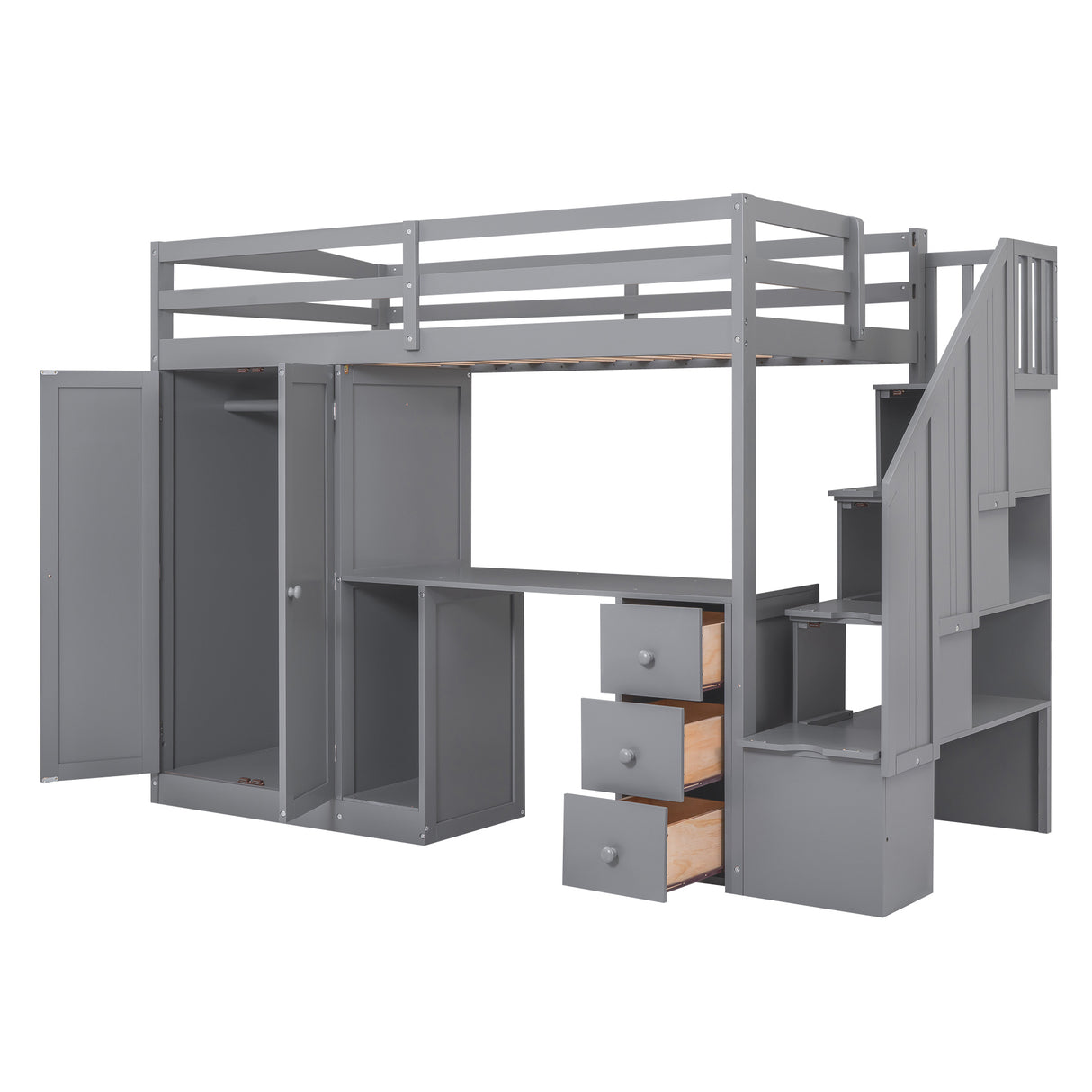 Twin Size Loft Bed with Wardrobe and Staircase Desk and Storage Drawers and Cabinet in 1 Gray