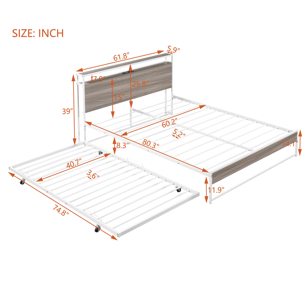 Queen Size Metal Platform Bed Frame with Trundle, USB Ports and Slat Support ,No Box Spring Needed White - V.I.P Digital Presence