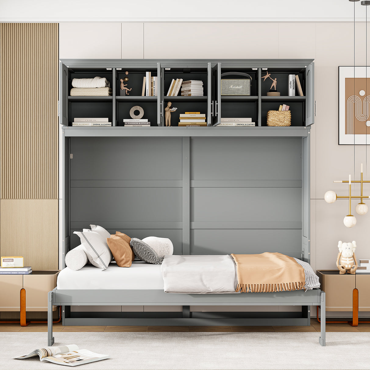 Full Size Murphy Bed Wall Bed with Top Cabinets,Gray - V.I.P Digital Presence