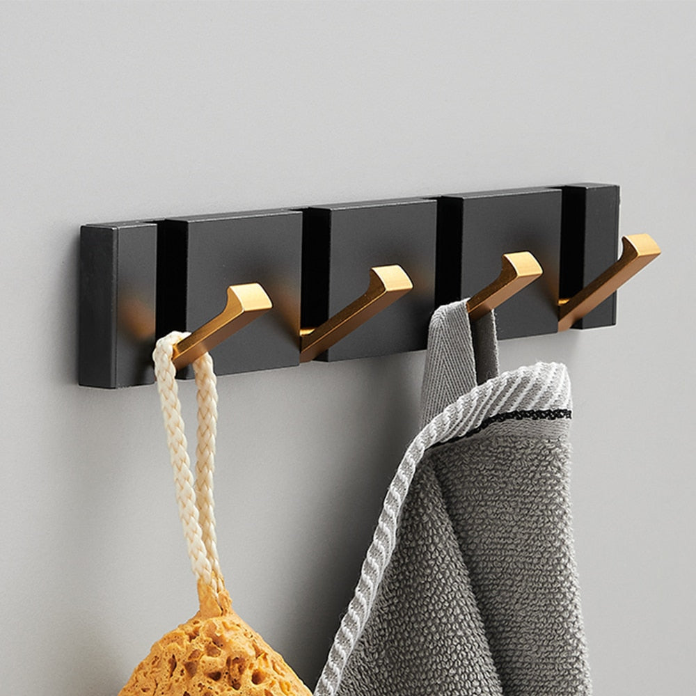 Folding Towel Hanger 2ways Installation Wall Hooks Coat Clothes Holder for Bathroom Kitchen Bedroom Hallway, Black Gold - V.I.P Digital Presence