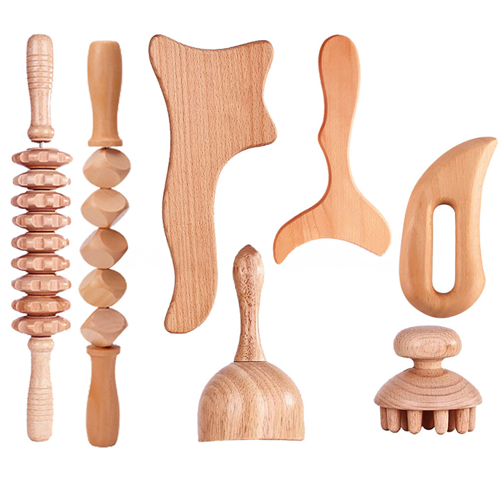 Beech wood therapy scraping cup, meridian dredging roller, tendon rolling stick, scraping board, head massager, massage set - V.I.P Digital Presence