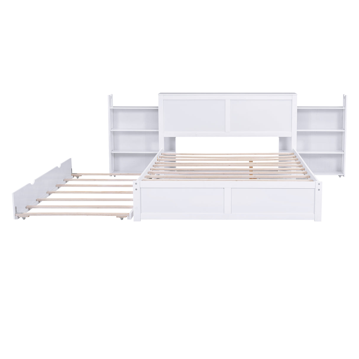 Queen Size Storage Platform Bed with Pull Out Shelves and Twin XL Size Trundle White