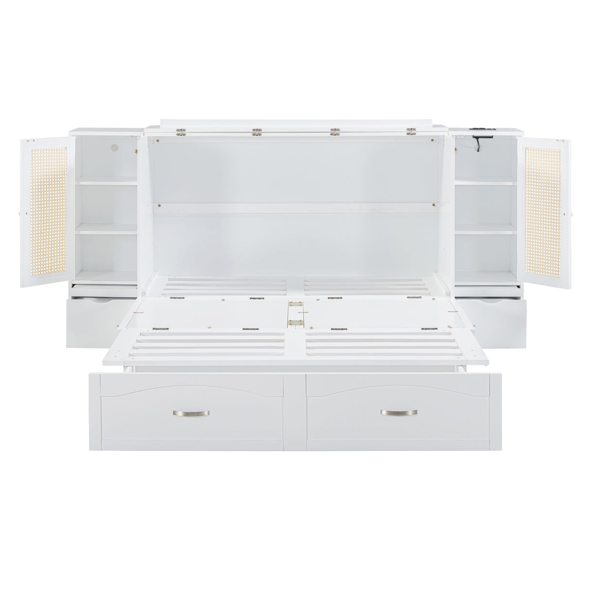 Large Murphy bed wall mounted bed with drawers, 2 storage cabinets, 1 set of sockets and USB ports, white - V.I.P Digital Presence