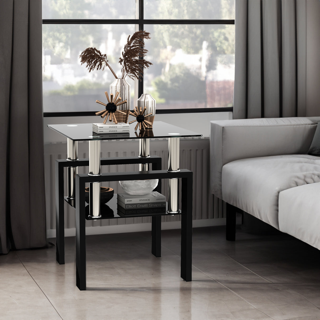 1-Piece Modern Tempered Glass Tea Table Coffee Table End Table, Square Table for Living Room, Black - V.I.P Digital Presence