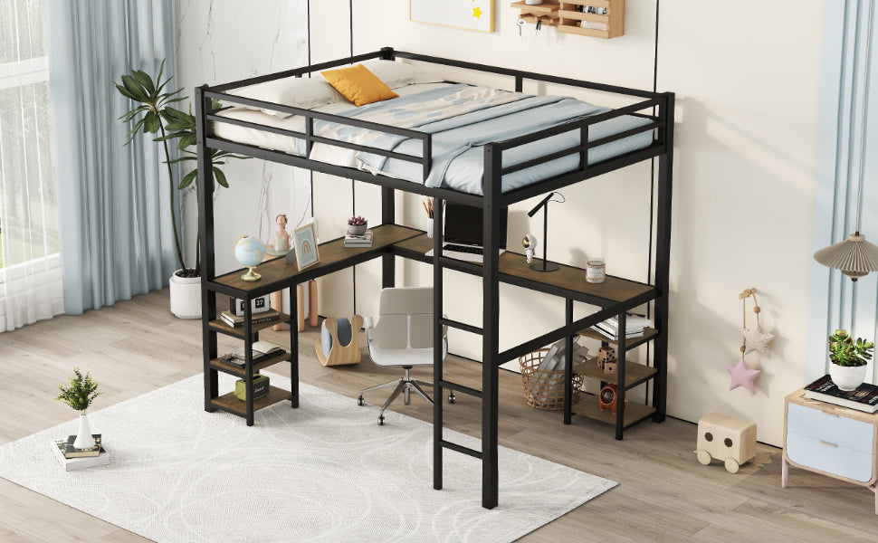 Full metal loft bed with desk and shelf, loft bed with ladder and guardrail, black with retro wood desk - V.I.P Digital Presence