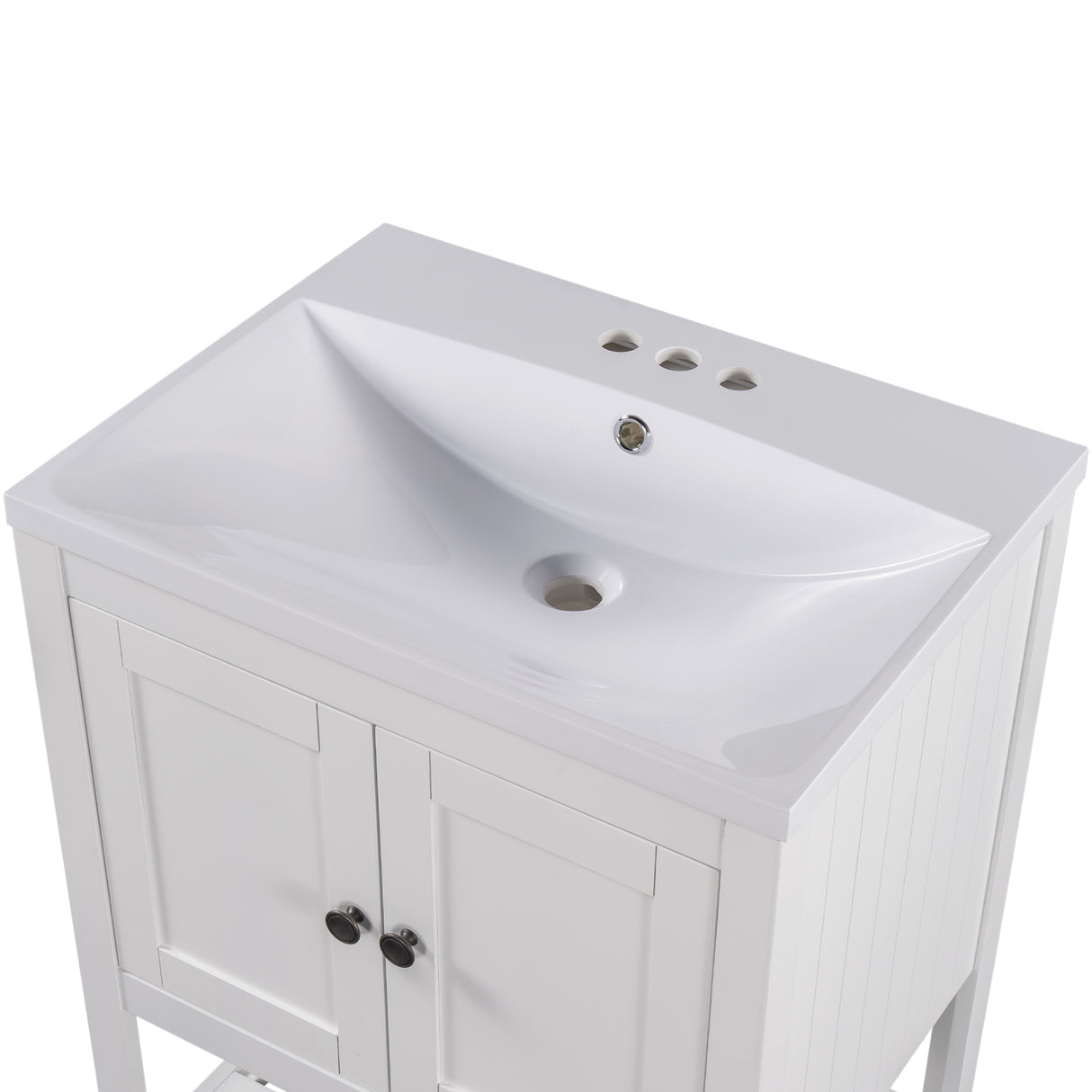 24" White Modern Sleek Bathroom Vanity Elegant Ceramic Sink with Solid Wood Frame Open Style Shelf - V.I.P Digital Presence