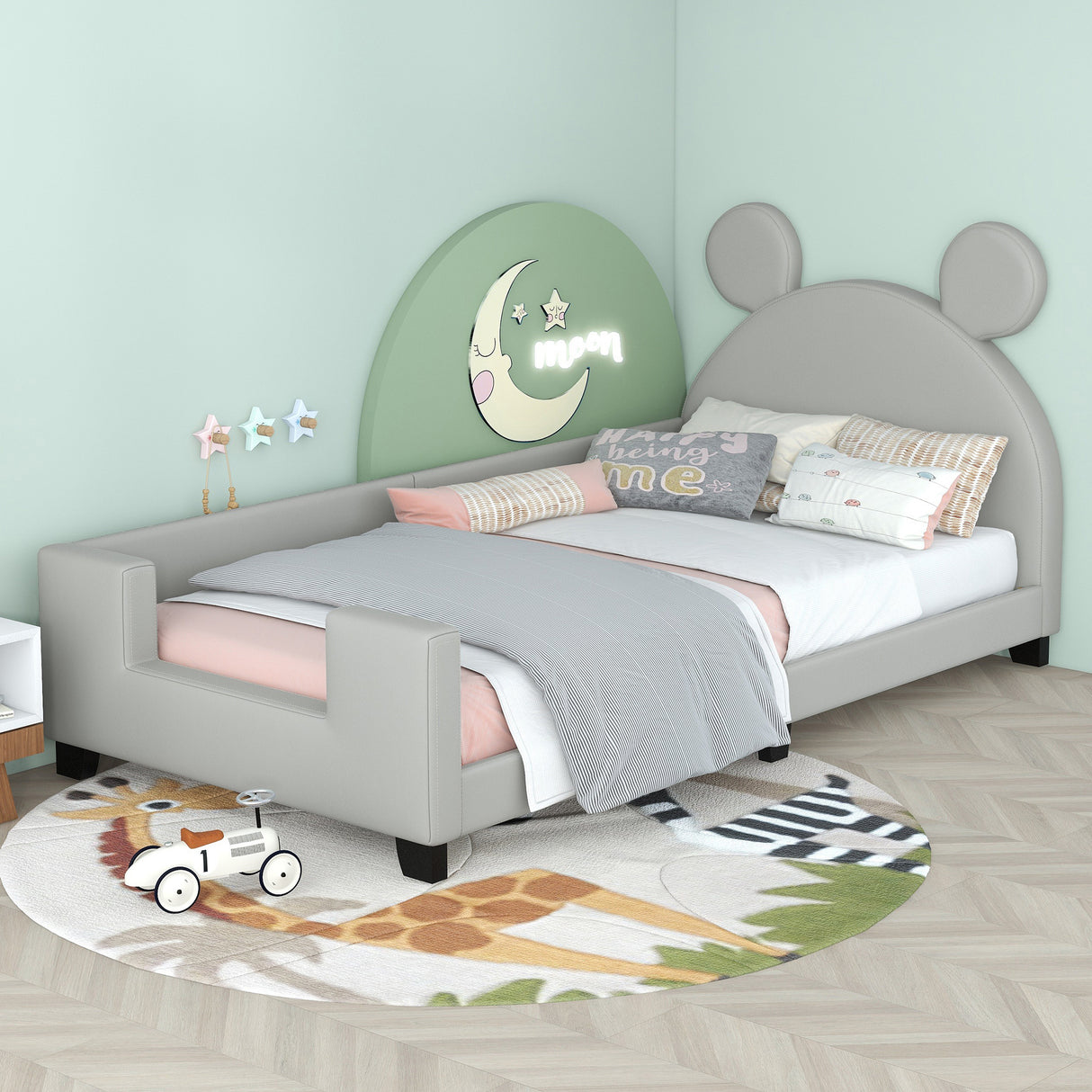 Twin Size Upholstered Daybed with Carton Ears Shaped Headboard Grey