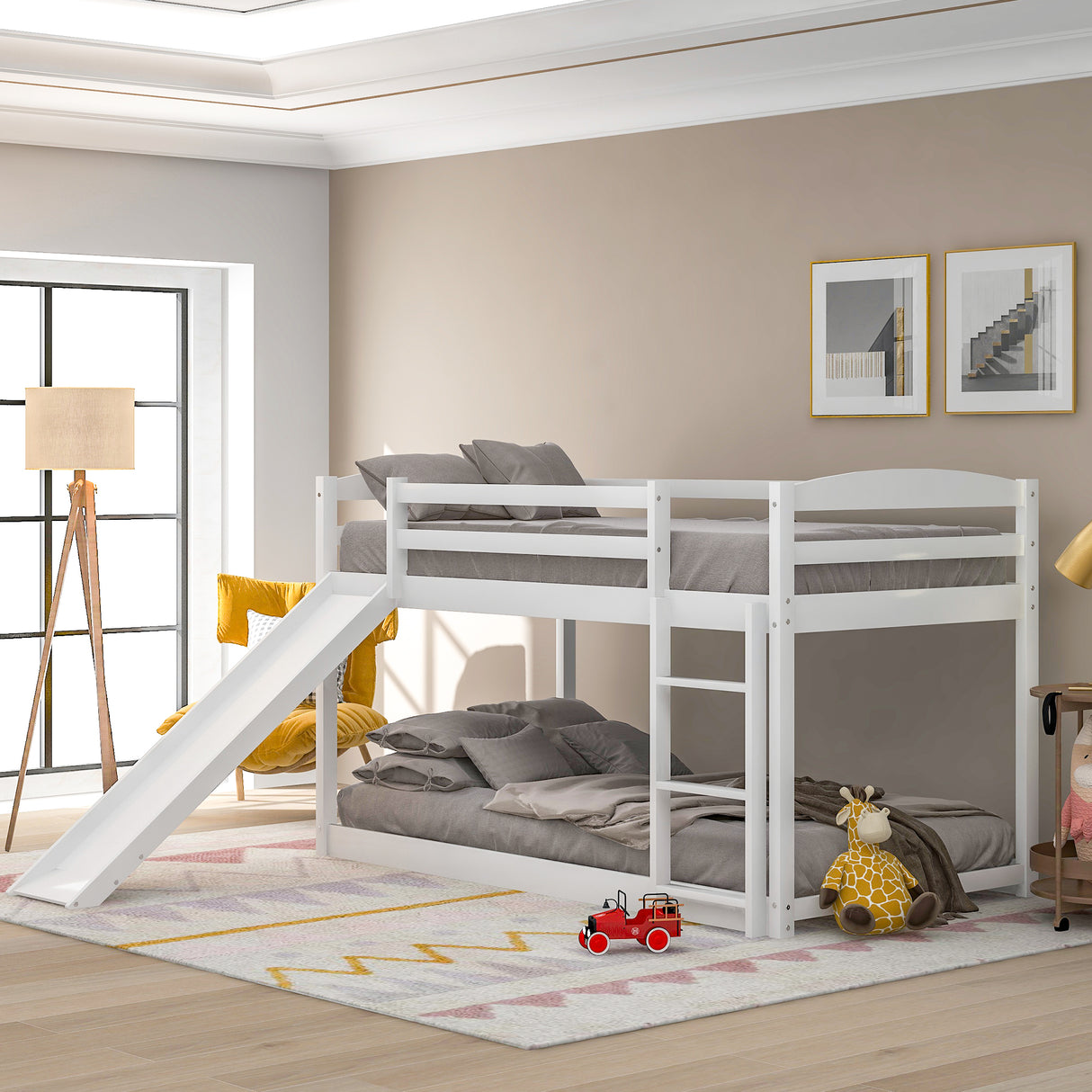 Twin over Twin Bunk Bed with Convertible Slide and Ladder White