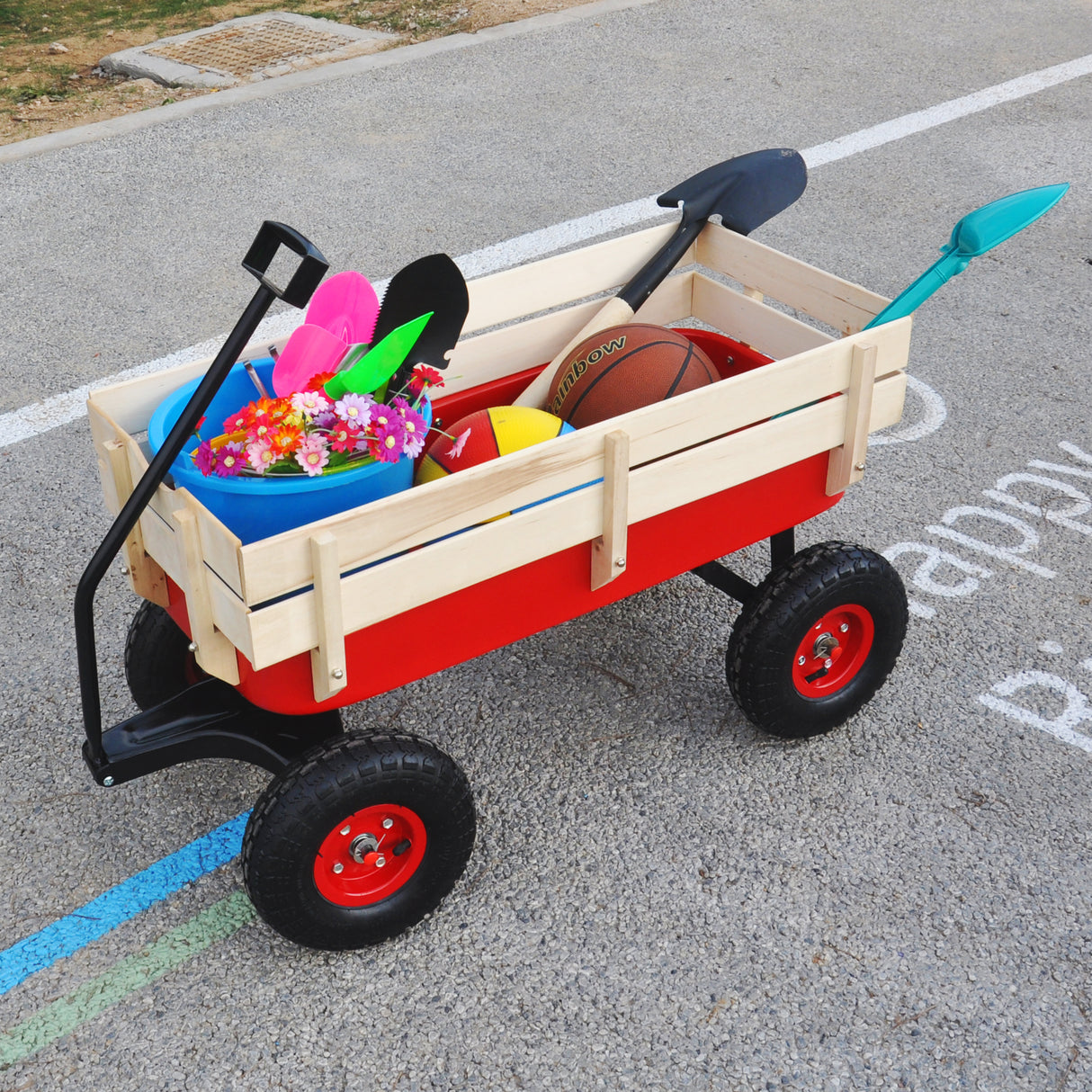 Outdoor Wagon All Terrain Pulling w/Wood Railing Air Tires Children Kid Garden(Red)