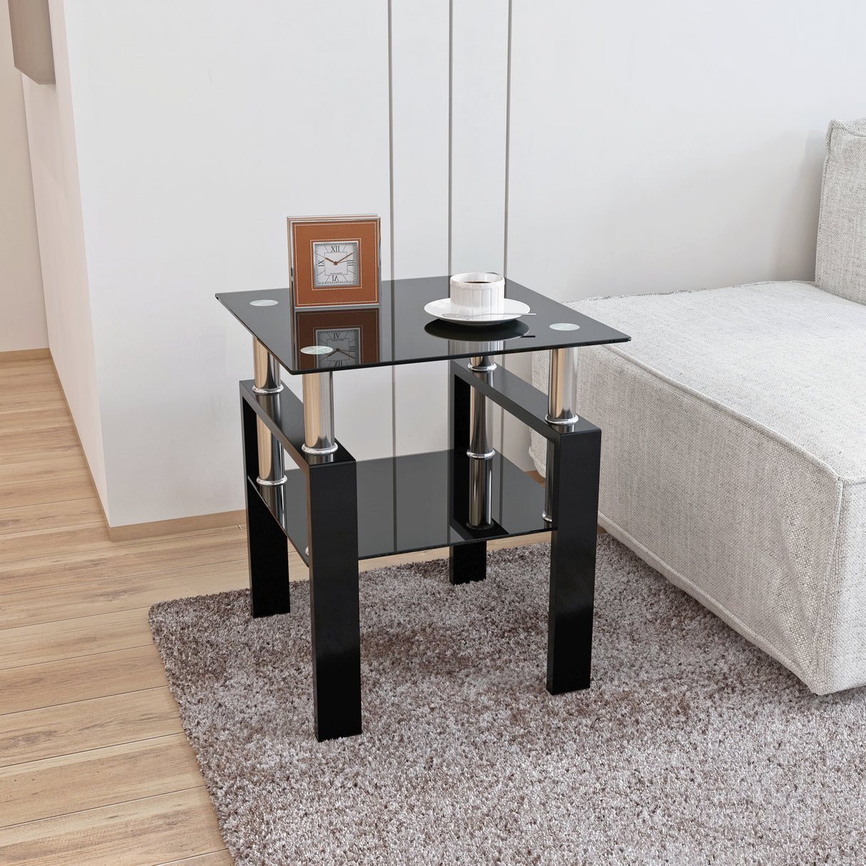 1-Piece Modern Tempered Glass Tea Table Coffee Table End Table, Square Table for Living Room, Black - V.I.P Digital Presence