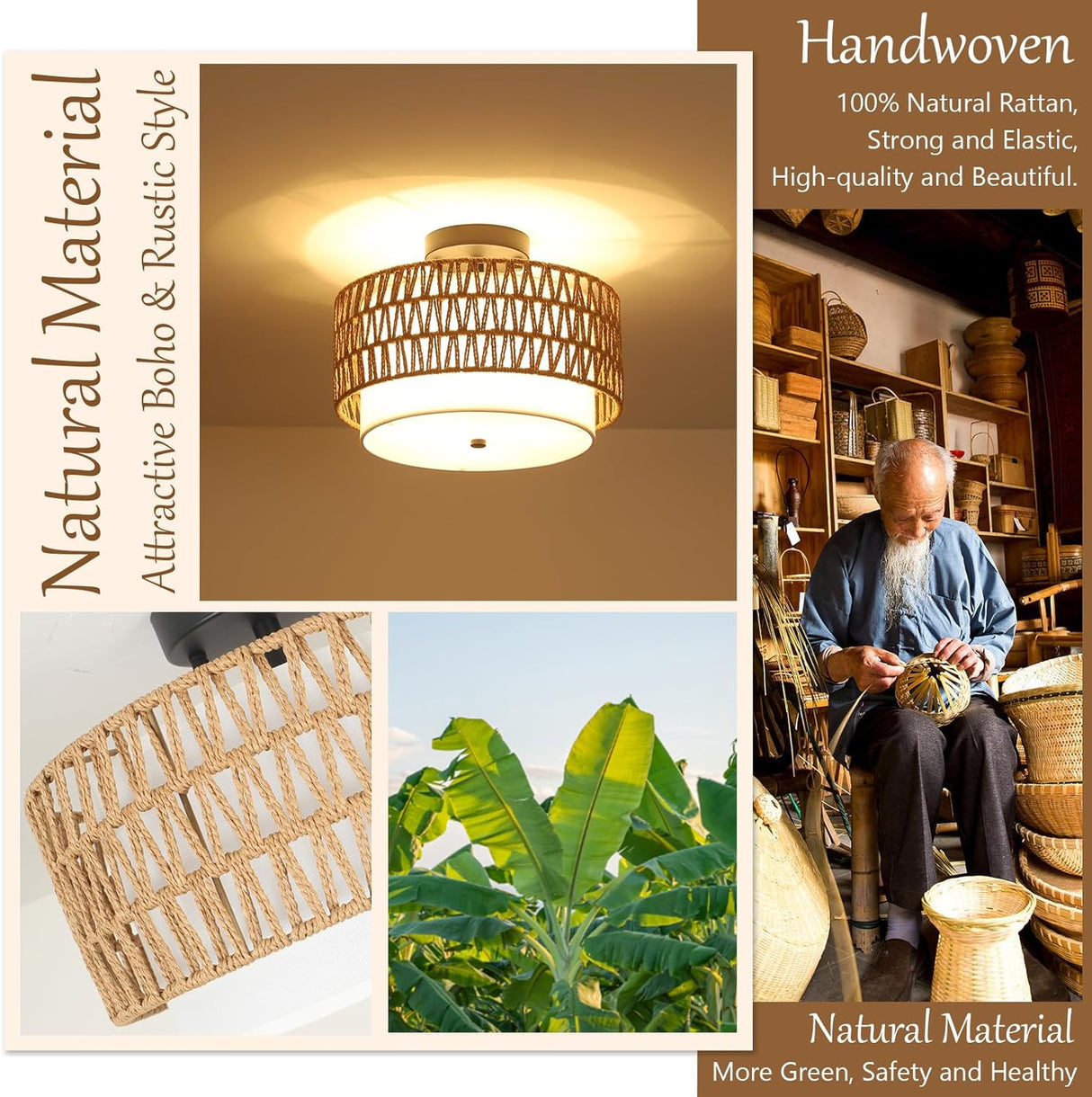 3-Light Semi Flush Mount Ceiling Light Fixture, Boho Rattan Light Fixtures Ceiling, Farmhouse Drum Light with Fabric Shade - V.I.P Digital Presence
