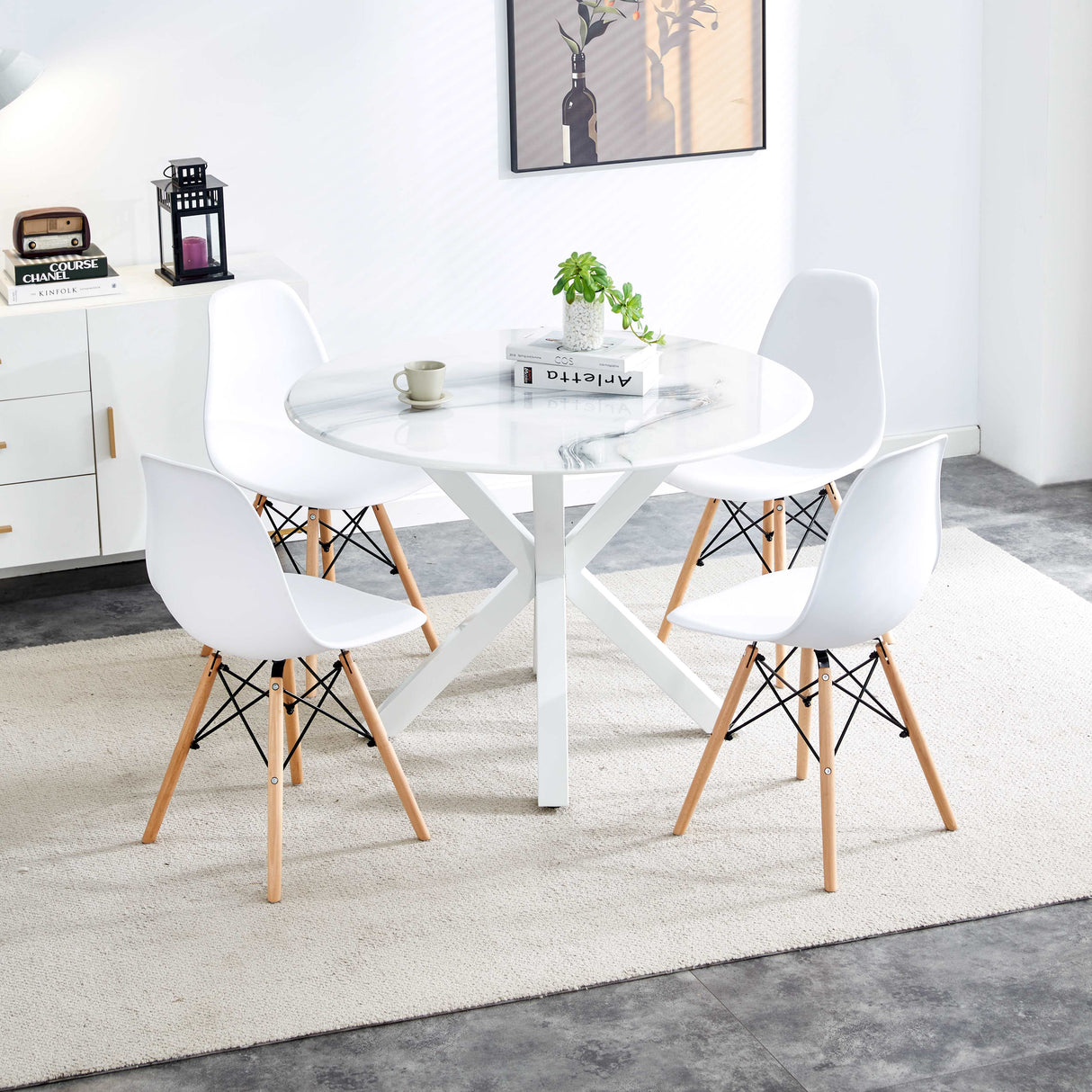 42.1 "White dining table for 4-6 people medieval dining table with circular Mdf tabletop leisure coffee table