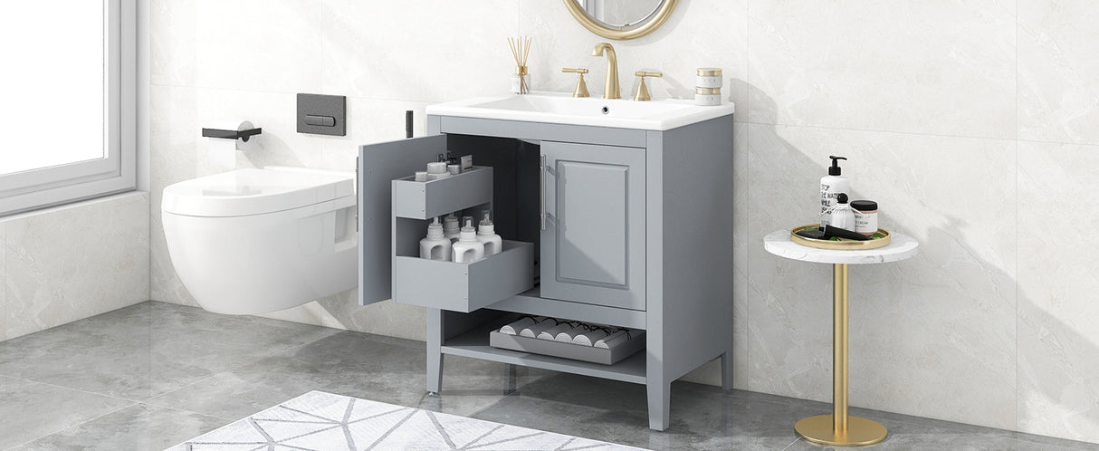 30" Bathroom Vanity with Sink, Multi-functional Bathroom Cabinet with Doors and Drawers, Solid Frame and MDF Board, Grey - V.I.P Digital Presence