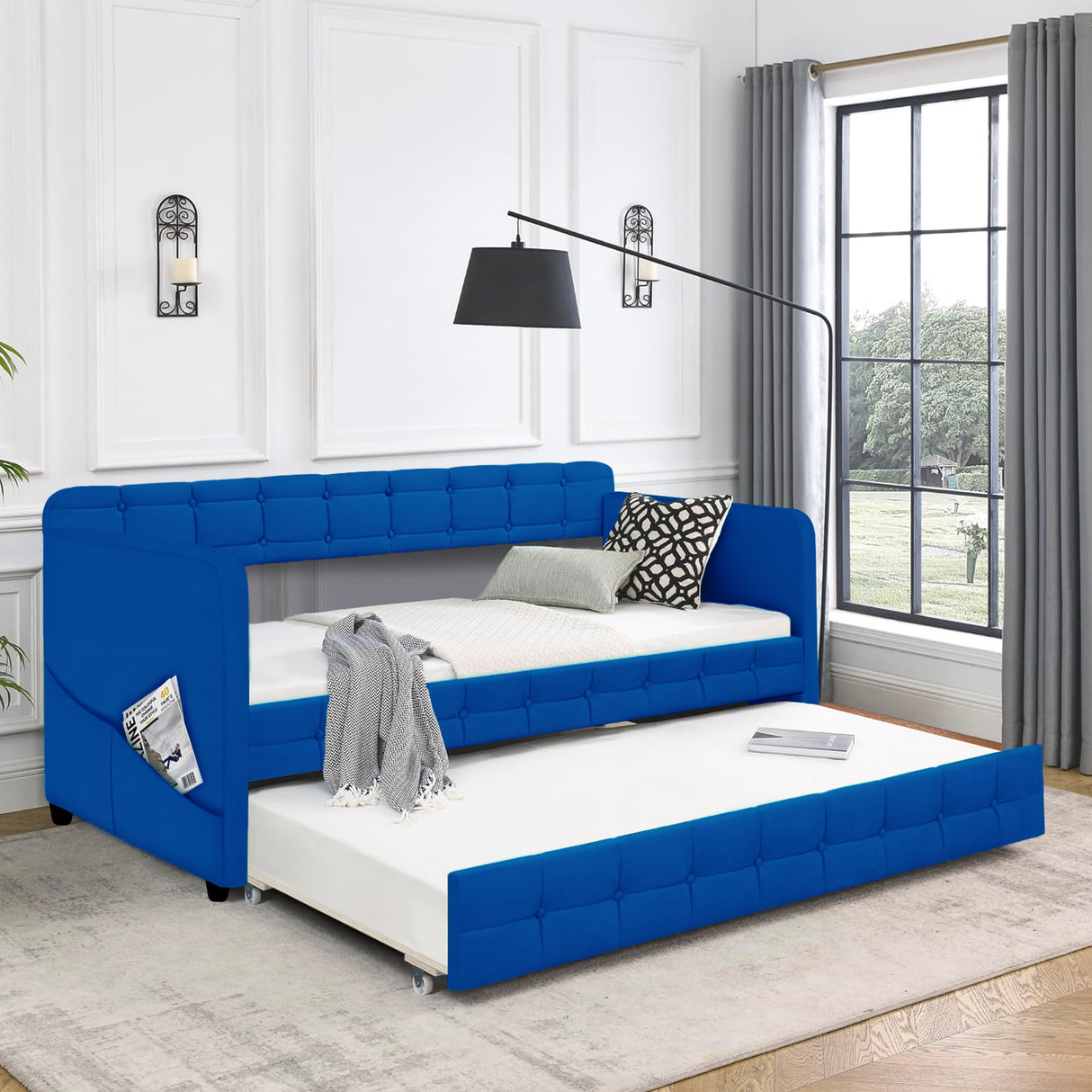 Blue padded twin beds with wheels, velvet fabric, no need for springs - V.I.P Digital Presence