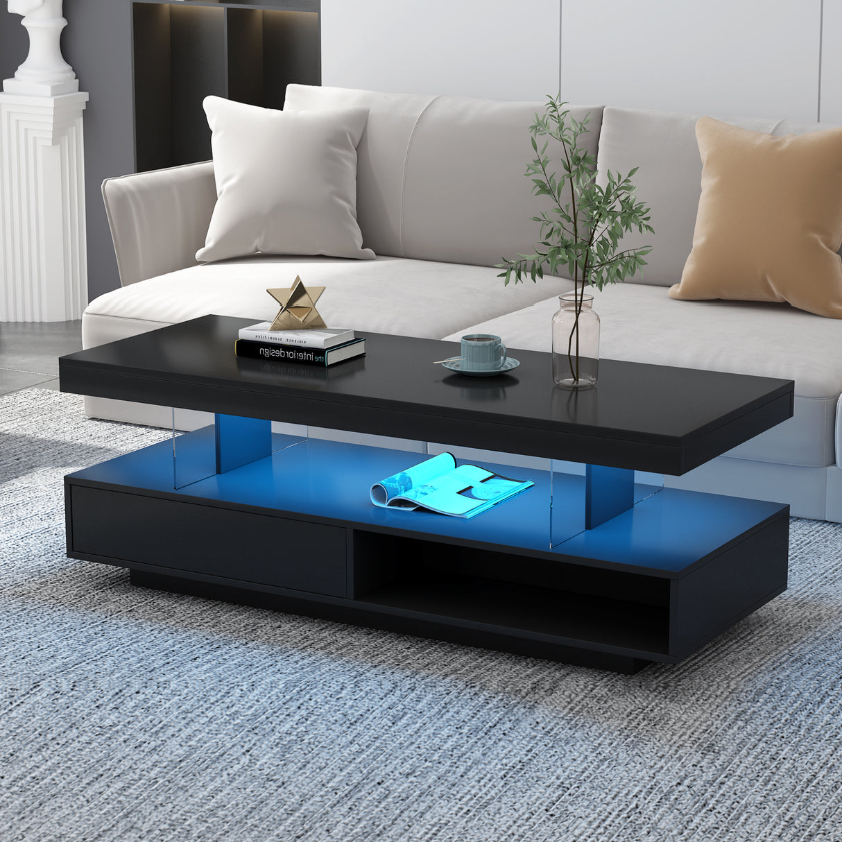 U-Can LED coffee table with storage space, modern central table with 2 drawers and display rack, equipped with LED lights, black - V.I.P Digital Presence
