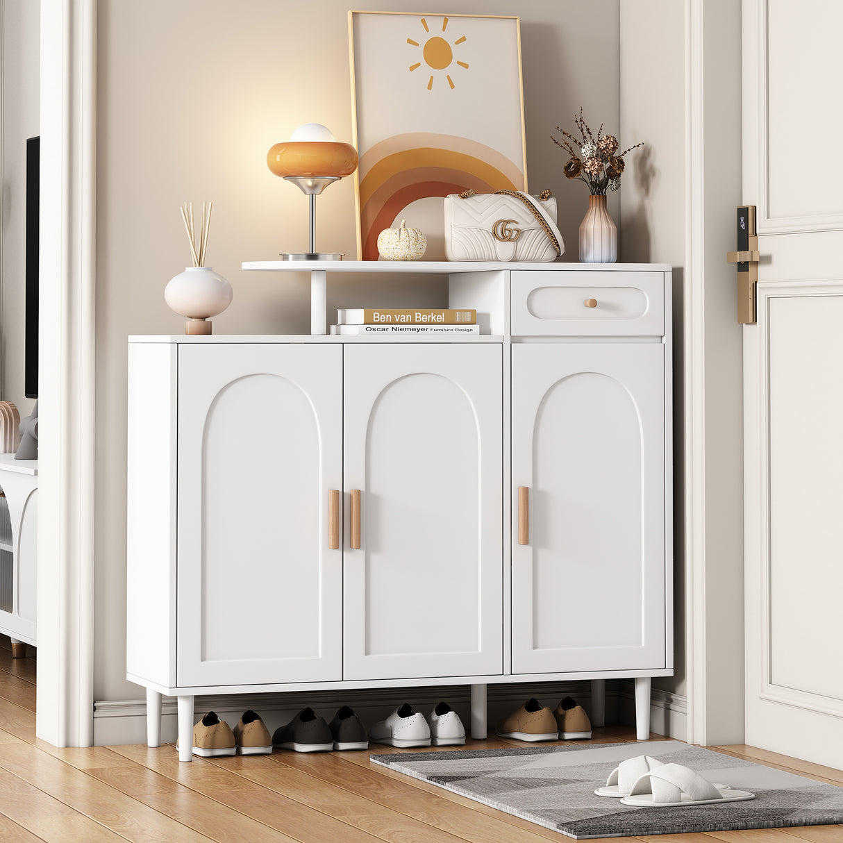ON-TRANS Elegant Shoe Cabinet with Arched Doors and Drawers, Storage Side Panels, Adjustable Shelves and Solid Wood Legs, White - V.I.P Digital Presence