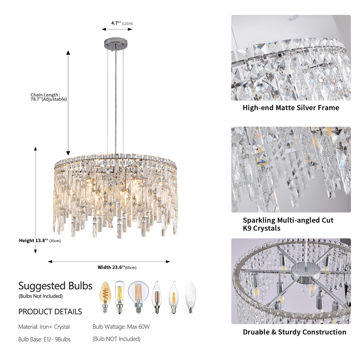 Deluxe round silver crystal chandelier, modern rectangular chandelier (excluding light bulbs) - V.I.P Digital Presence