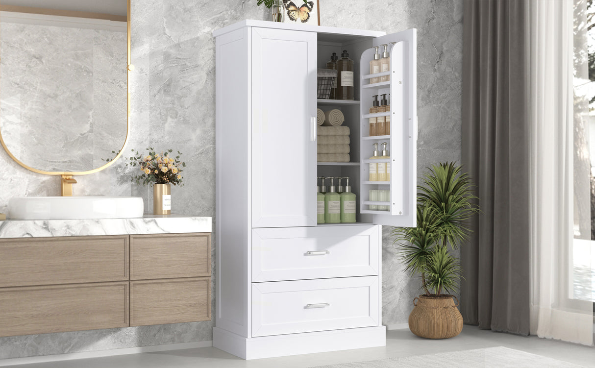 Tall Bathroom Storage Cabinet, Cabinet with Two Doors and Drawers, Adjustable Shelf, MDF Board, White - V.I.P Digital Presence