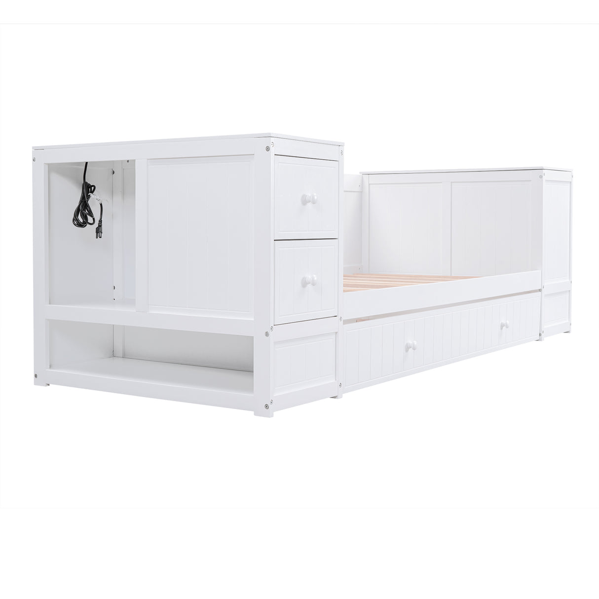 Twin Size Daybed with Storage Arms Trundle and Charging Station White