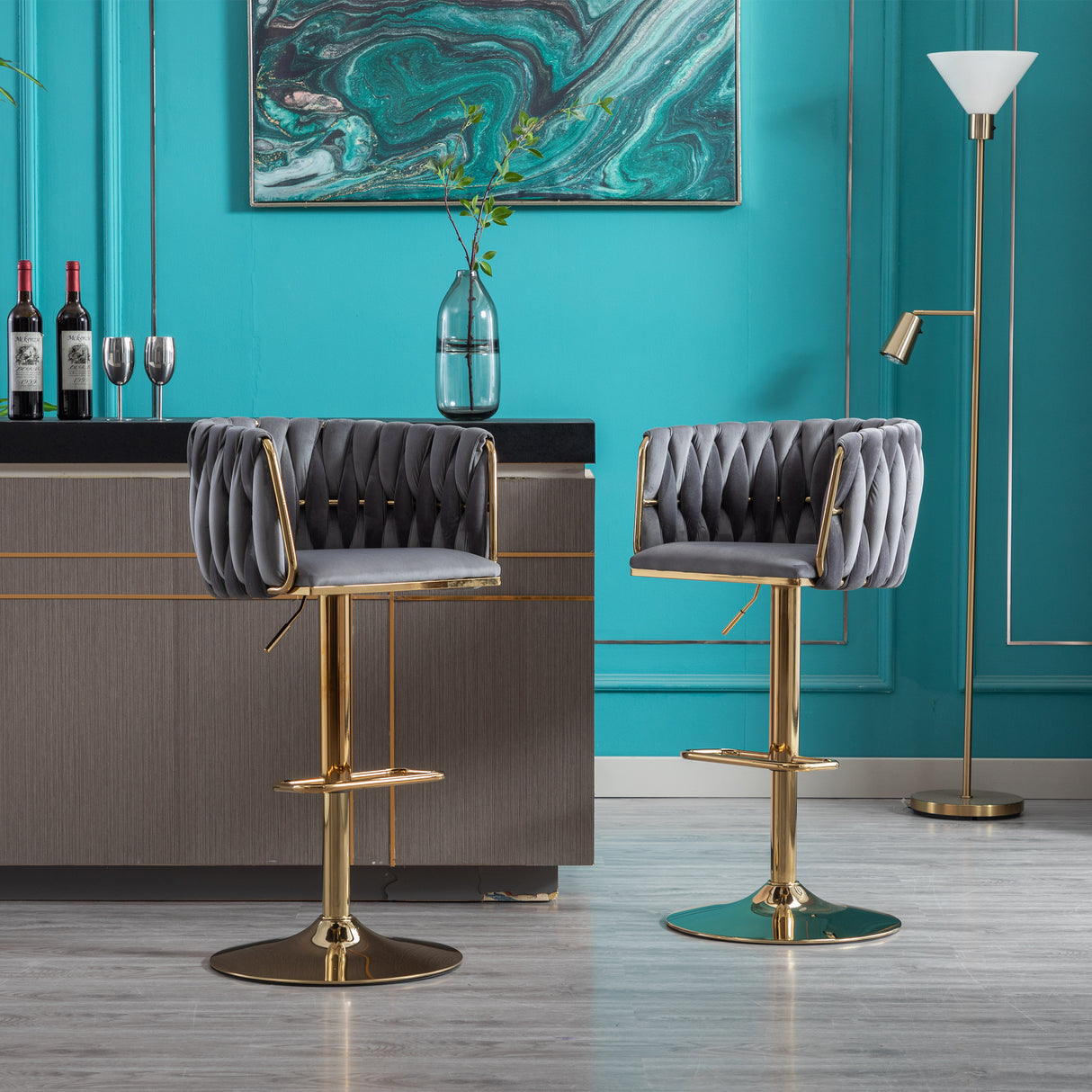 Set of 2 Bar Stools with Chrome Footrest and Base Swivel Height Velvet + Golden Leg Simple Bar Stool-Grey