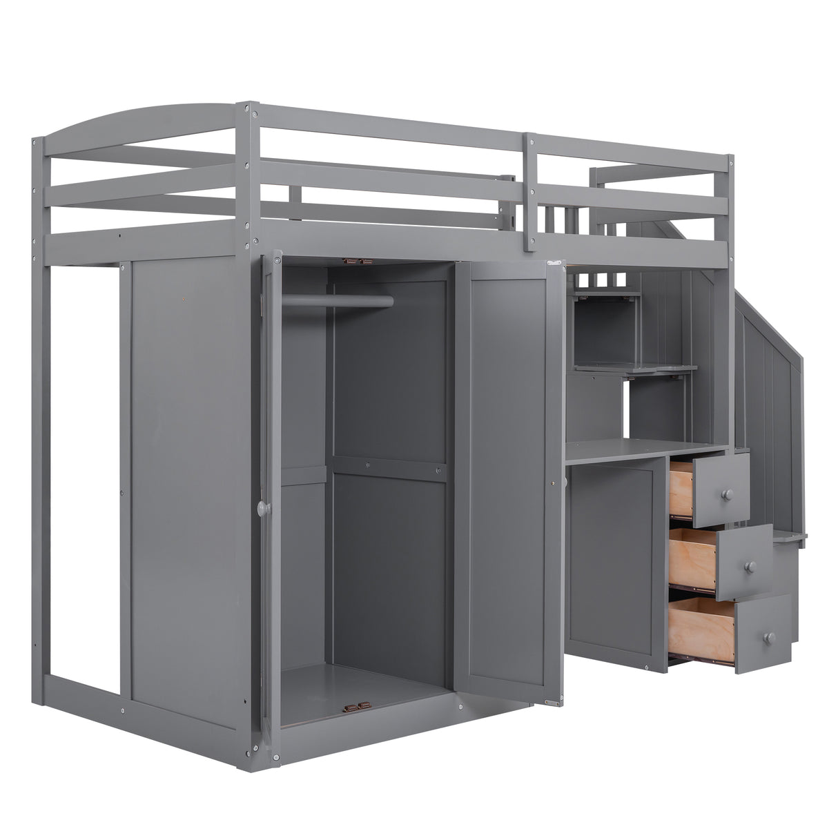 Twin Size Loft Bed with Wardrobe and Staircase Desk and Storage Drawers and Cabinet in 1 Gray