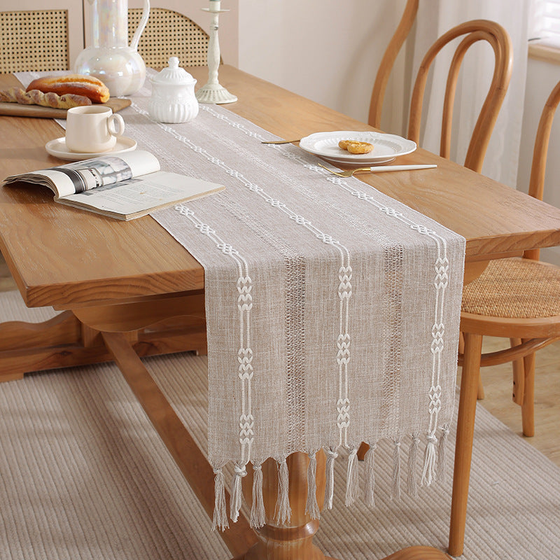 Hand - woven cotton and linen table flag with hollow tassels, suitable for household and rural dining tables - V.I.P Digital Presence