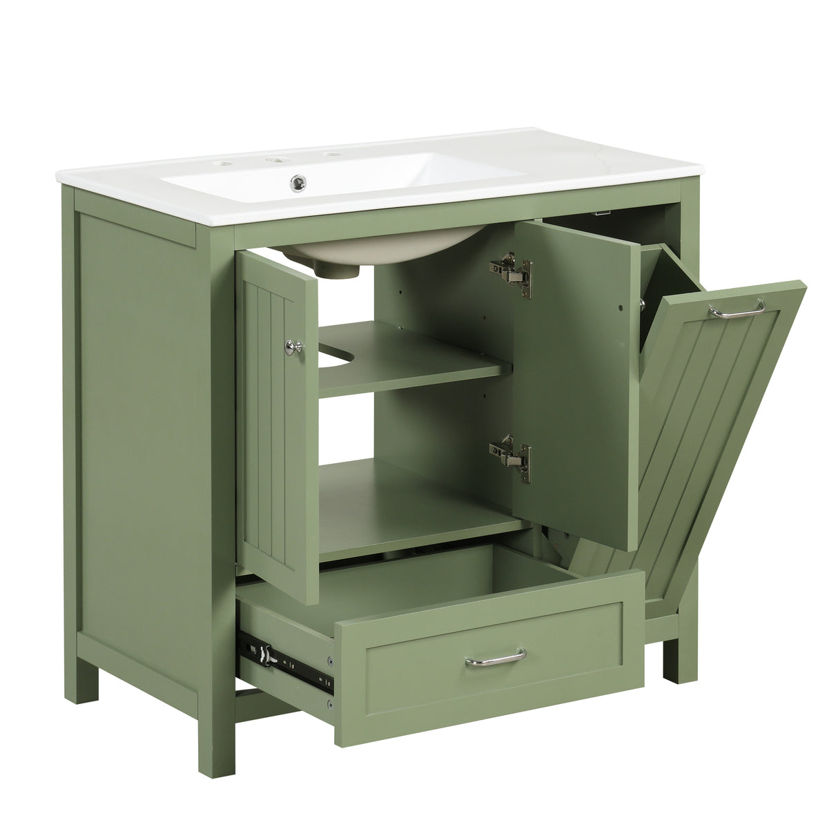 36 inch bathroom vanity with sink, one double door cabinet one large drawer and one flip drawer solid wood and MDF board, green - V.I.P Digital Presence