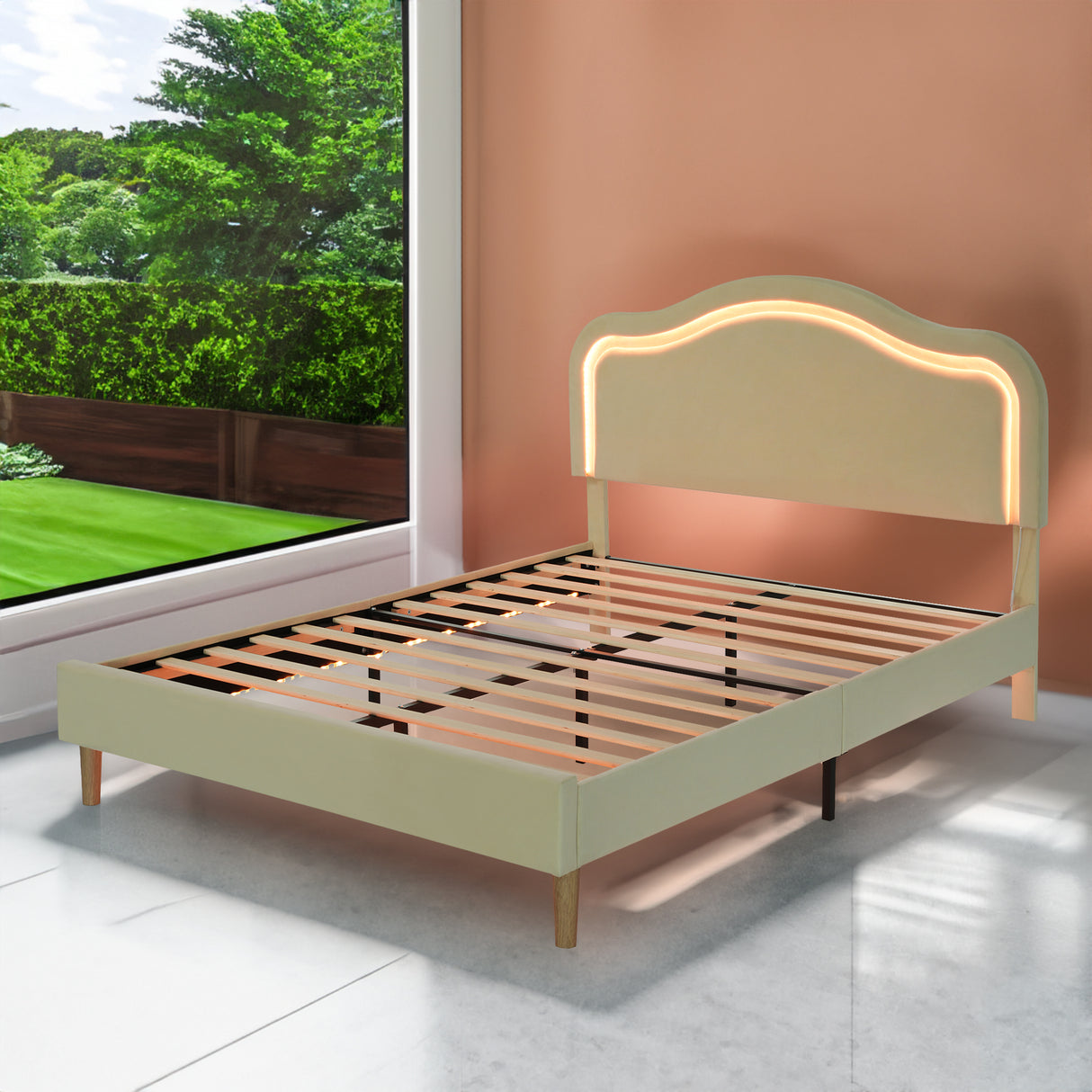 Full Size Velvet Upholstered Smart LED Bed Frame with Adjustable Height Headboard,No Box Spring Needed,Easy Assembly,Beige - V.I.P Digital Presence