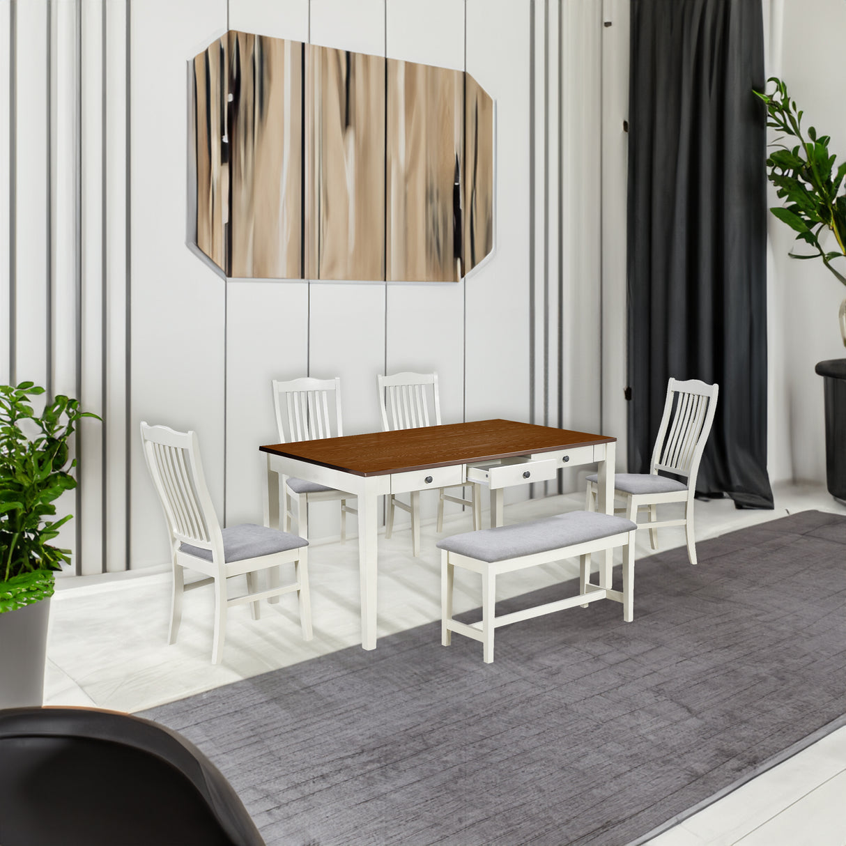 TOPMAX Mid-Century 6-Piece Wood Dining Table Set, Kitchen Table Set with Drawer Upholstered Chairs and Bench Butter Milk